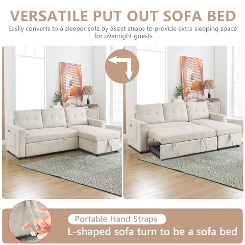 Reversible Sleeper Sectional Sofa, Chenille Fabric Convertible Pull Out Sleeper Sofa Bed with USB Ports, L-shaped Sectional Couch with Storage Chaise for Apartment Living Room, Light Gray