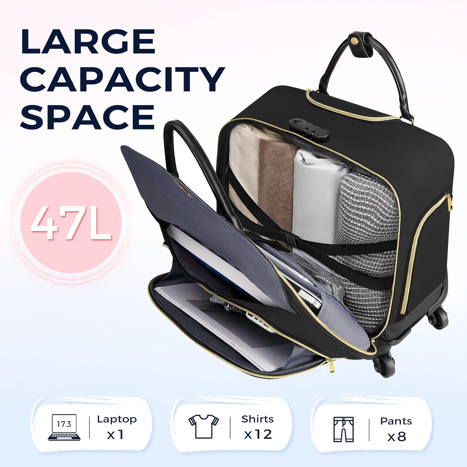 Ytonet Rolling Laptop Bag, Rolling Briefcase for Women with 4 Spinner Wheels, 17.3 Inch Rolling Computer Bag with Lock and Packing Cube, Laptop Bag with Wheels for Travel Work Business Teacher,Black