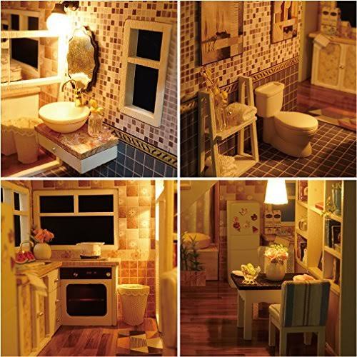 CUTEBEE Dollhouse Miniature with Furniture, Wooden DIY Dollhouse Kit Plus Dust Proof and Music Movement, 1:24 Scale Creative Roo