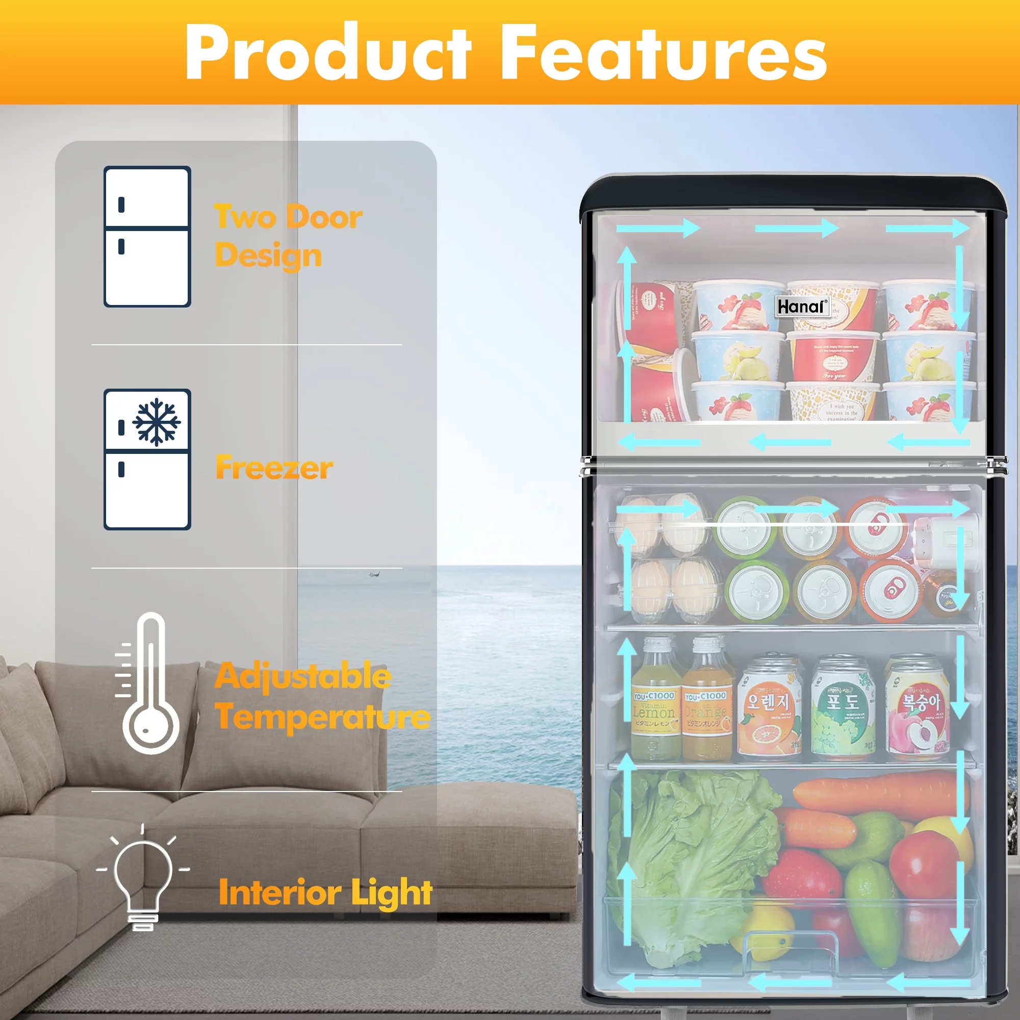 WANAI 3.5 Cu Feet Two Door Mini Fridge with Freezer,Black