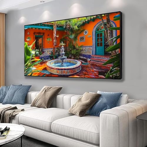 Mexican Village Wall Art,Colorful Wall Art,Mexican Canvas Wall Art,Mexican Wall Art,Large Abstract Wall Art,Large Wall Art for Living Room,Office,Entryway,Bedroom (Gold Metal Framed, 36"Wx20"H/92x52 cm)