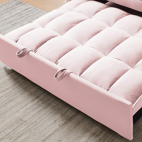 Pull Out Sofa Bed Velvet Sleeper Sofa Bed, Convertible Loveseat Sofa Bed with Reclining Backrest, USB Port, Ashtray Swivel Phone Stand and Pockets (Pink)