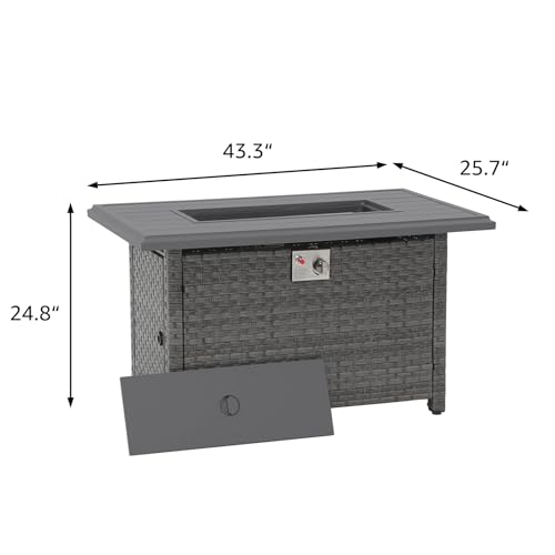SUNSITT Outdoor Fire Pit Table 43 Inch Wicker Propane Fire Pit with Aluminum Tabletop 50,000 BTU Gas Firepit with Fire Glass, Lid, Cover, Taupe Rattan