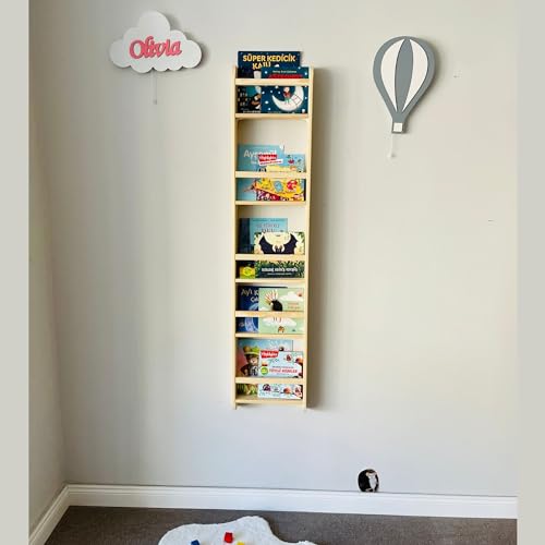 Handmade Natural Wood 5 Tier Montessori Kids Bookshelf, Wall Mounted Wide Book Shelf for Nursery, Space Saver Children's Book Rack Wall for Bedroom, Living Room (Medium, 21" Width, Natural)