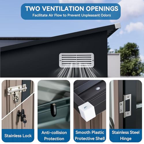 8'x4' Shed Galvanized Steel Storage Sheds with Triple Doors Weatherproof Outdoor Utility Sheds, Dual Lock Lean to Shed with Sloped Roof for Mower, Bike, Generator, Garden Tools (Black)