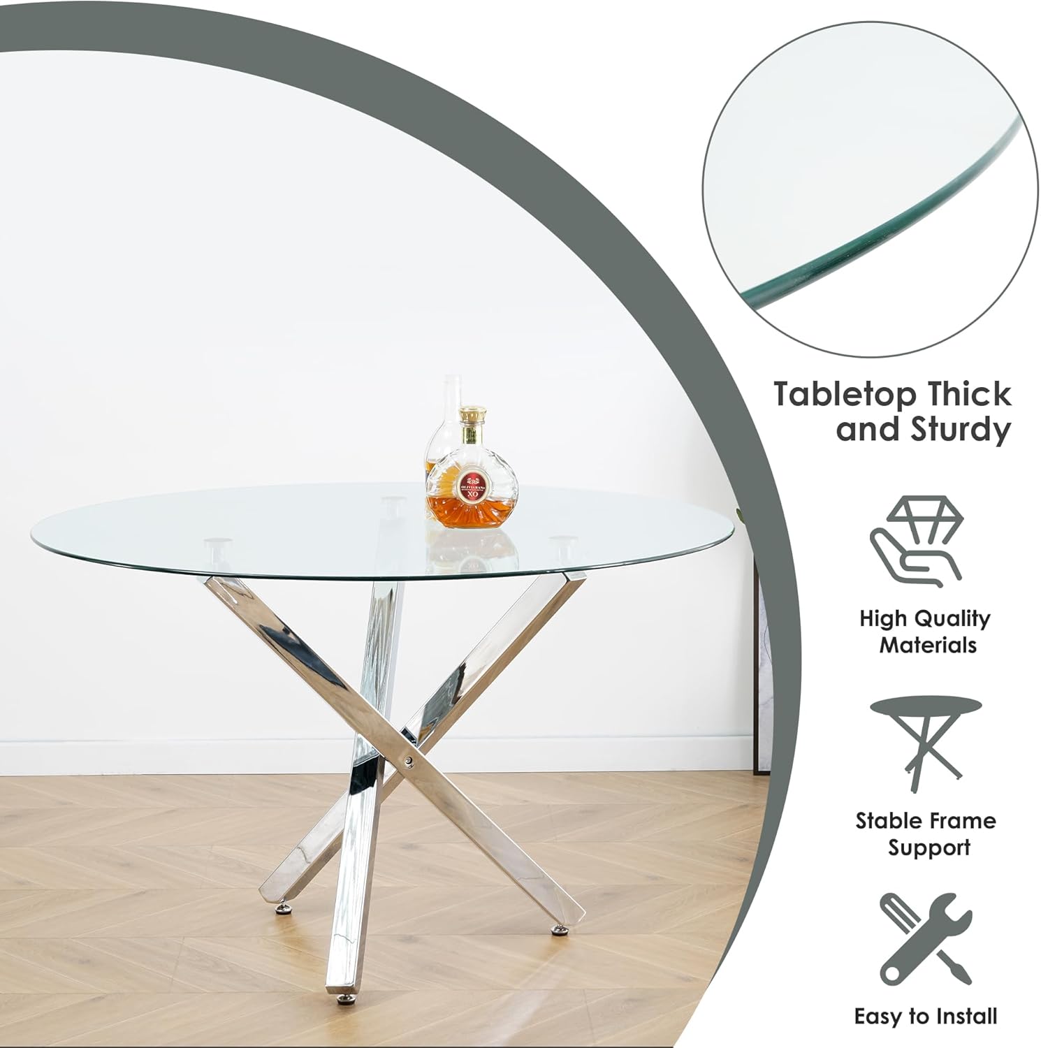 Baysitone Round Glass Dining Table Set for 4, 47'' Circle Dining Table Set, Durable Glass Dining Room Table Set with 4 Clear Acrylic Chair, Kitchen Table Chairs Set with Square Base for Home
