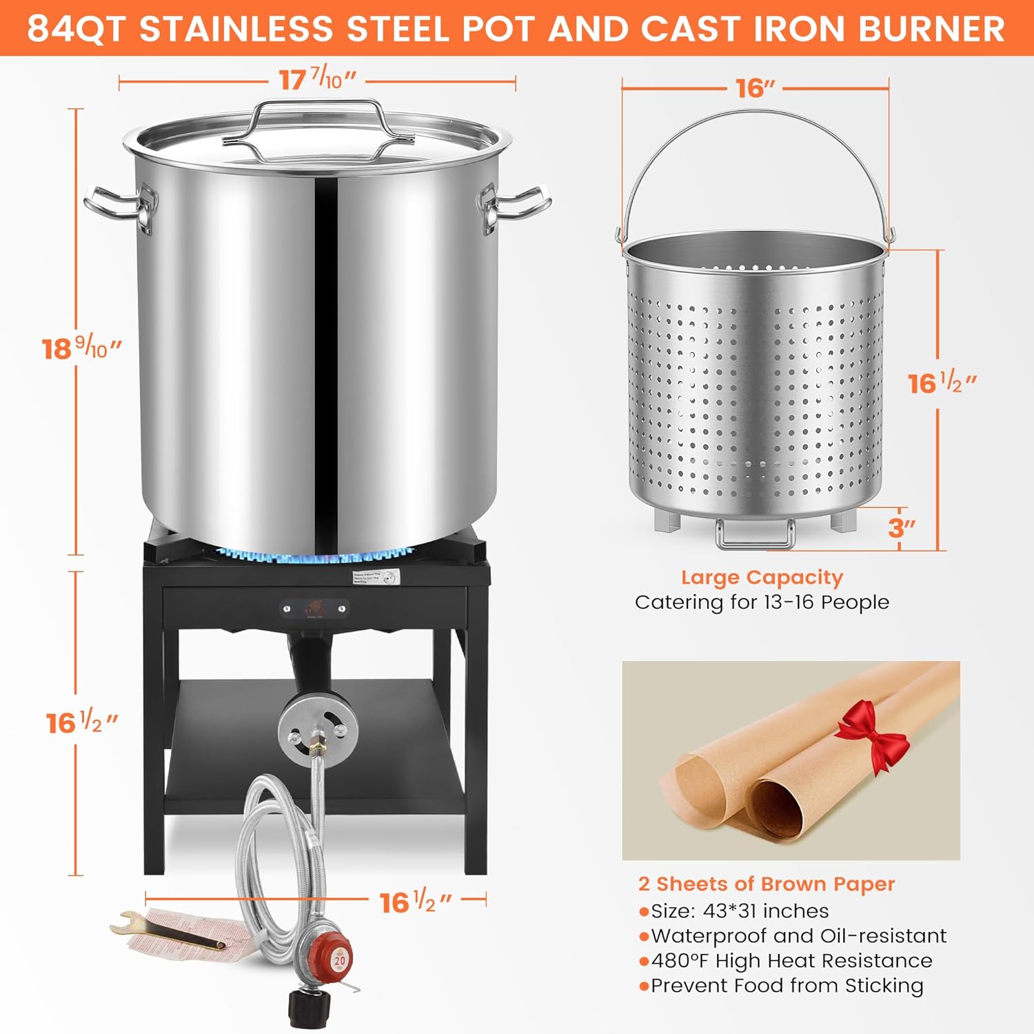 ARC 84QT Stainless Steel Seafood Boil Pot with 200,000BTU Propane Fryer, Non-Assembly Large Crawfish Boiler, Shrimp Boil Pot, Outdoors Cooking and Steaming