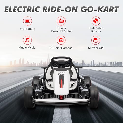 Go Kart, Electric Drift Kart Car with Adjustable Seat, 24V 7Ah Outdoor Ride On Toy, 2 * 200W Motor, 8.1 MPH, LED Lights, Toy Race Car for Kids 6-12 Years Old