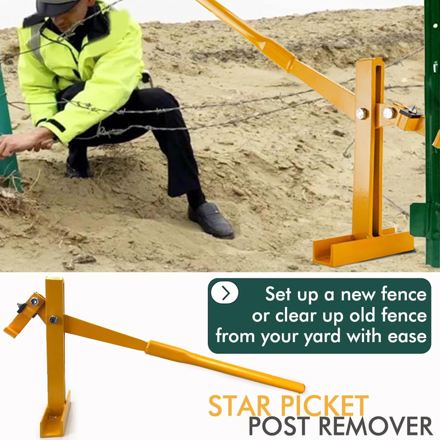 Heavy Duty Post Puller Set with Lifting Chain Puller, Fence Post Remover Puller Stainless Steel Metal Lifter with Handle for Ranch Farm, Wood Post Puller for Round Fence Posts Tree