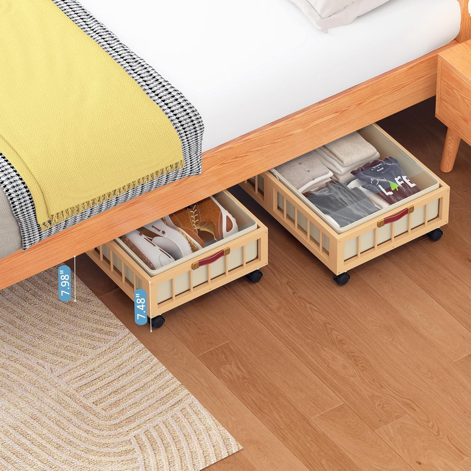 2-Pack Bamboo Under Bed Storage Containers with Wheels, Under Bed Clothes Storage Basket with Large Dust Bag, Rolling UnderBed Storage for Bedroom, Dorm and Basement, Nature
