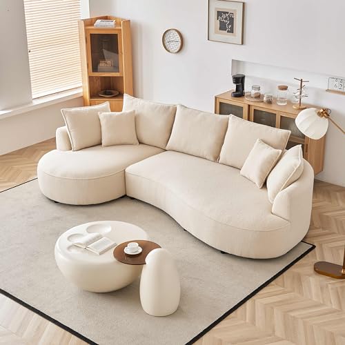 122.8" Curved Sofa Modern Curved Couch Living Room Modular Sectional Sofa, Mid Century Upholstered Couch Sherpa Boucle Fabric Sofa (Beige + Wood, 122.8" Curved Sofa)