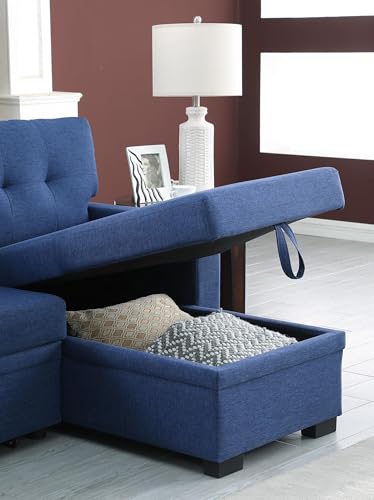 Convertible L Shaped Couch with Pull Out Bed and Storage Chaise,Sectional Sleeper Sofa with Side Open Cup Holder and USB Port, Linen Fabric Furniture for Living Room, Apartment, 92", Blue