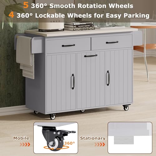 60" Kitchen Island with Drop Leaf and Power Outlet, Rolling Kitchen Cart on Wheels with Trash Can Storage Cabinet, Spice Rack, Towel Rack and Adjustable Shelf for Dining Room