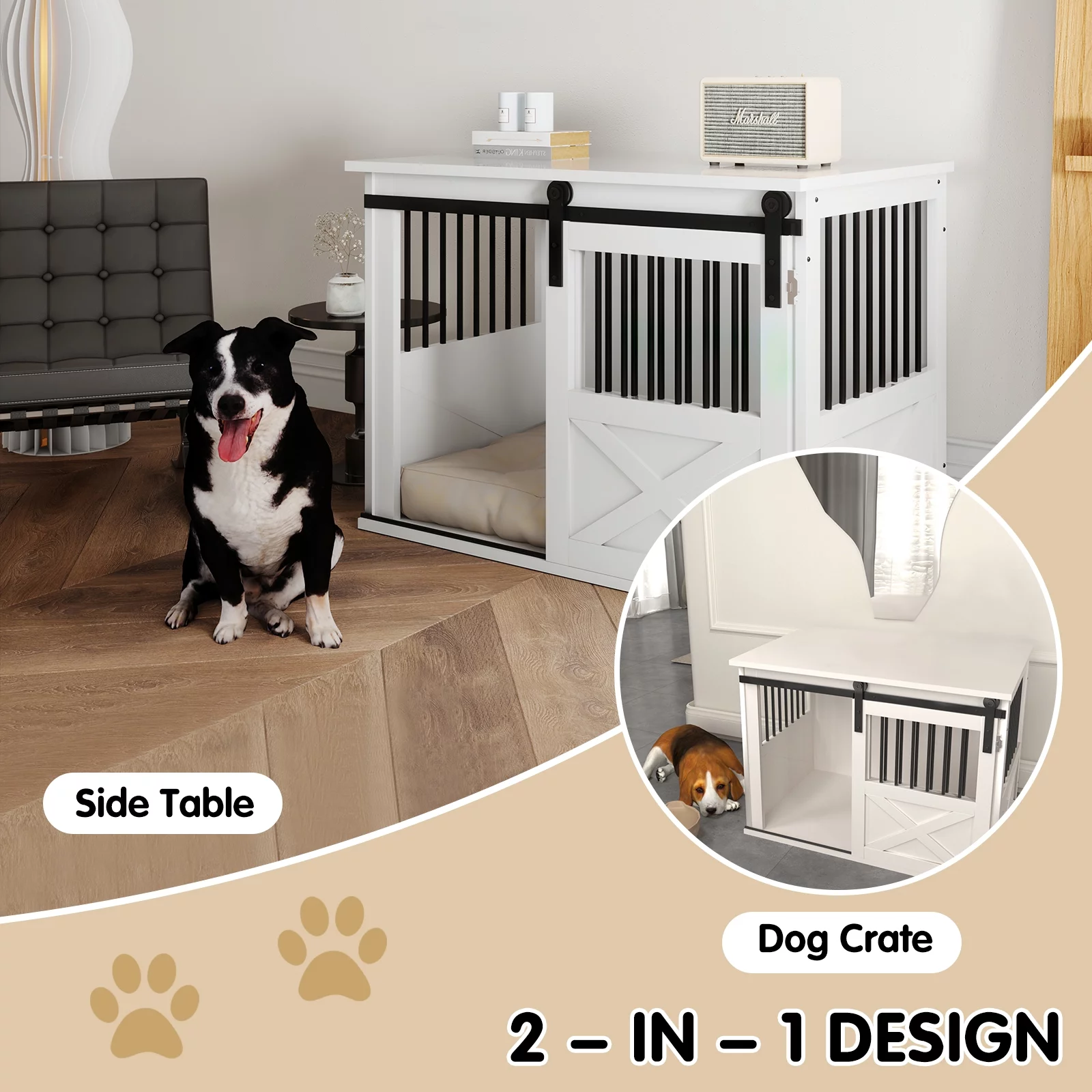 TENONER Dog Crate Furniture with Sliding Door, Wooden Dog Kennel Furniture Side End Table, Barn Door Large Pet Crate for Small to Medium Dogs, White, Need to Assembly