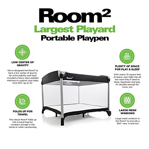 Joovy Room² Large Portable Playpen for Babies and Toddlers with Nearly 10 sq ft of Space, Large Mesh Windows for 360 View, and Waterproof Mattress Sheet - Folds Easily when Not in Use (Charcoal)