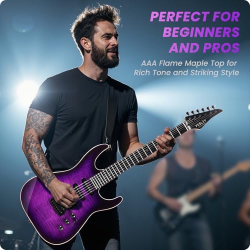 39" Solid Body Electric Guitar: Electric Guitar Kit with Bone Nut, Full Size 6 String Guitars with 24 Frets, Poplar Body AAA Flame Maple Top, Guitarra Electrica with HSS Ceramic Pickup,Black