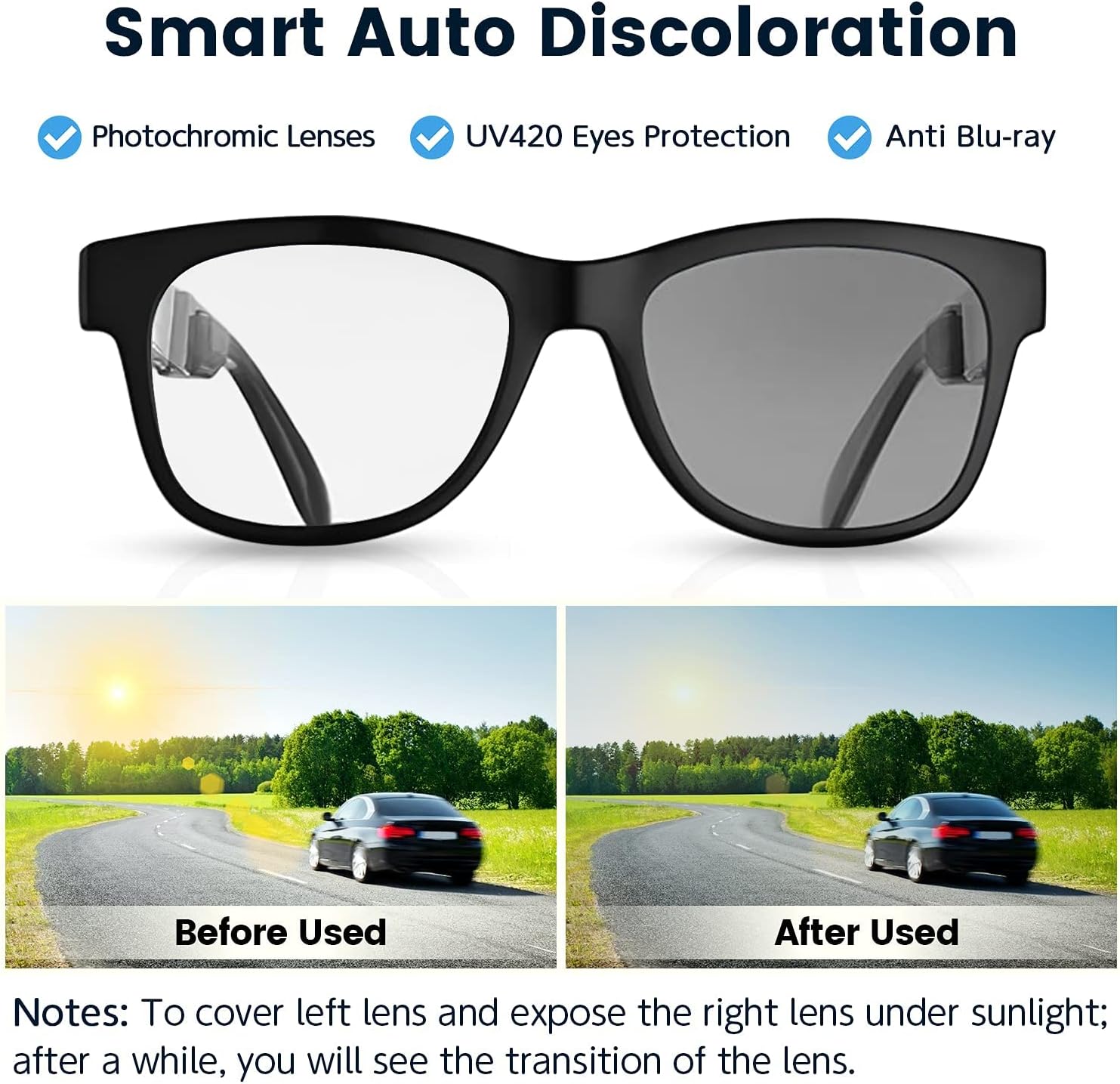 Bone Conduction Glasses, Open-Ear Headphones Bluetooth, Photochromic Sunglasses Anti Blue Ray, IP6 Waterproof Audio Glasses, Hand-Free Calling and Music, Smart Glasses for Women and Men