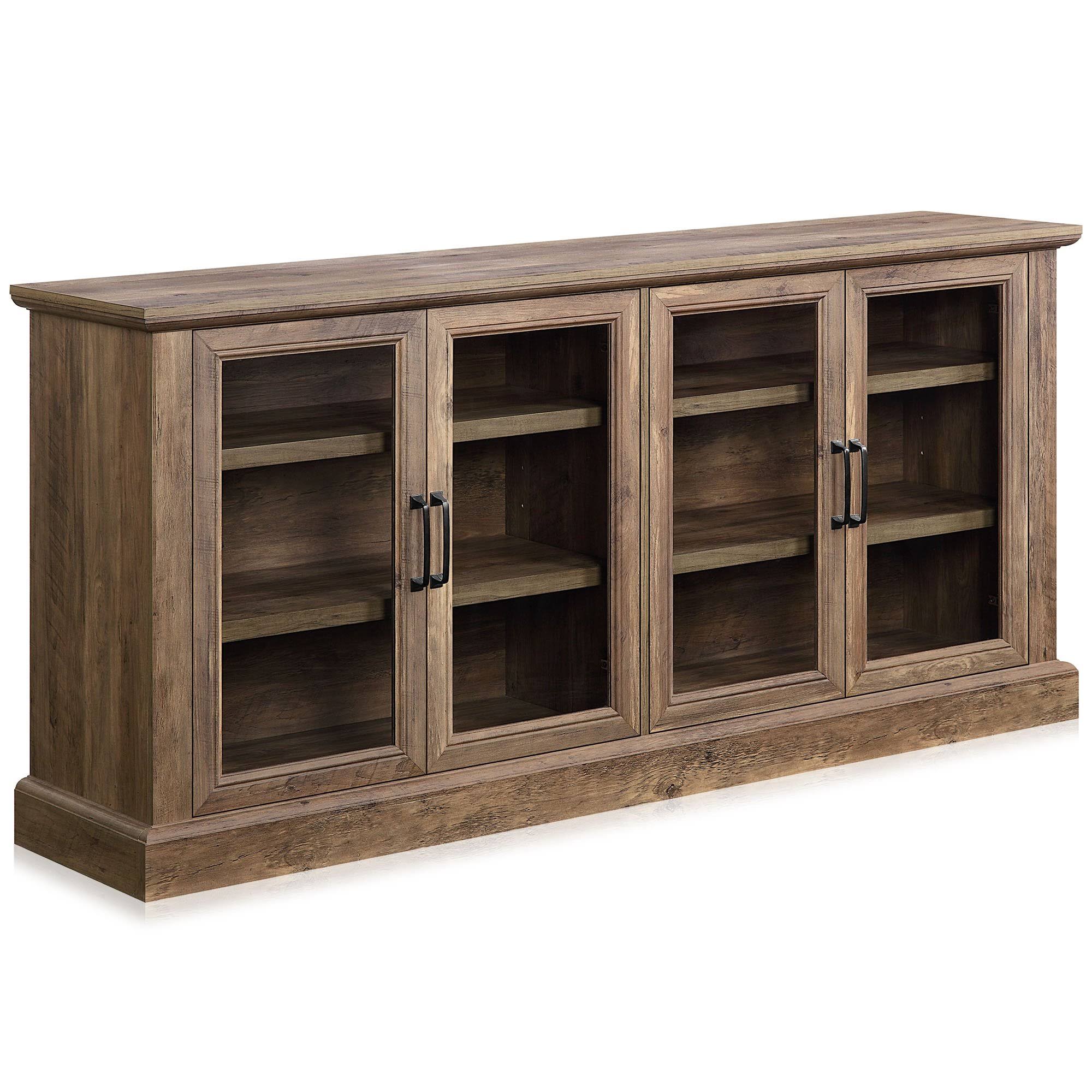 Belleze Liam 70x22 Rustic Farmhouse Wood Sideboard Universal Stand 4 Doors Buffet Cabinet Living Room Glass Storage, Rustic Grey