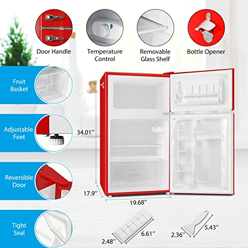 BANGSON Mini Fridge with Freezer, 3.2 Cu.Ft Small Refrigerator, 5 Settings Temperature Adjustable, Low Noise Refrigerator, 2 Door Mini Fridge for Apartment, Home, Office and Dorm, Silver