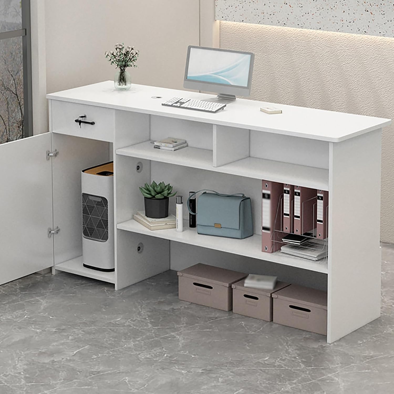 Reception Desk with Counter, Front Desk Reception Counter, Retail Counter Display Shelf & Lockable Drawers, Checkout Counter, for Salon Reception Room Checkout Office (E 2)
