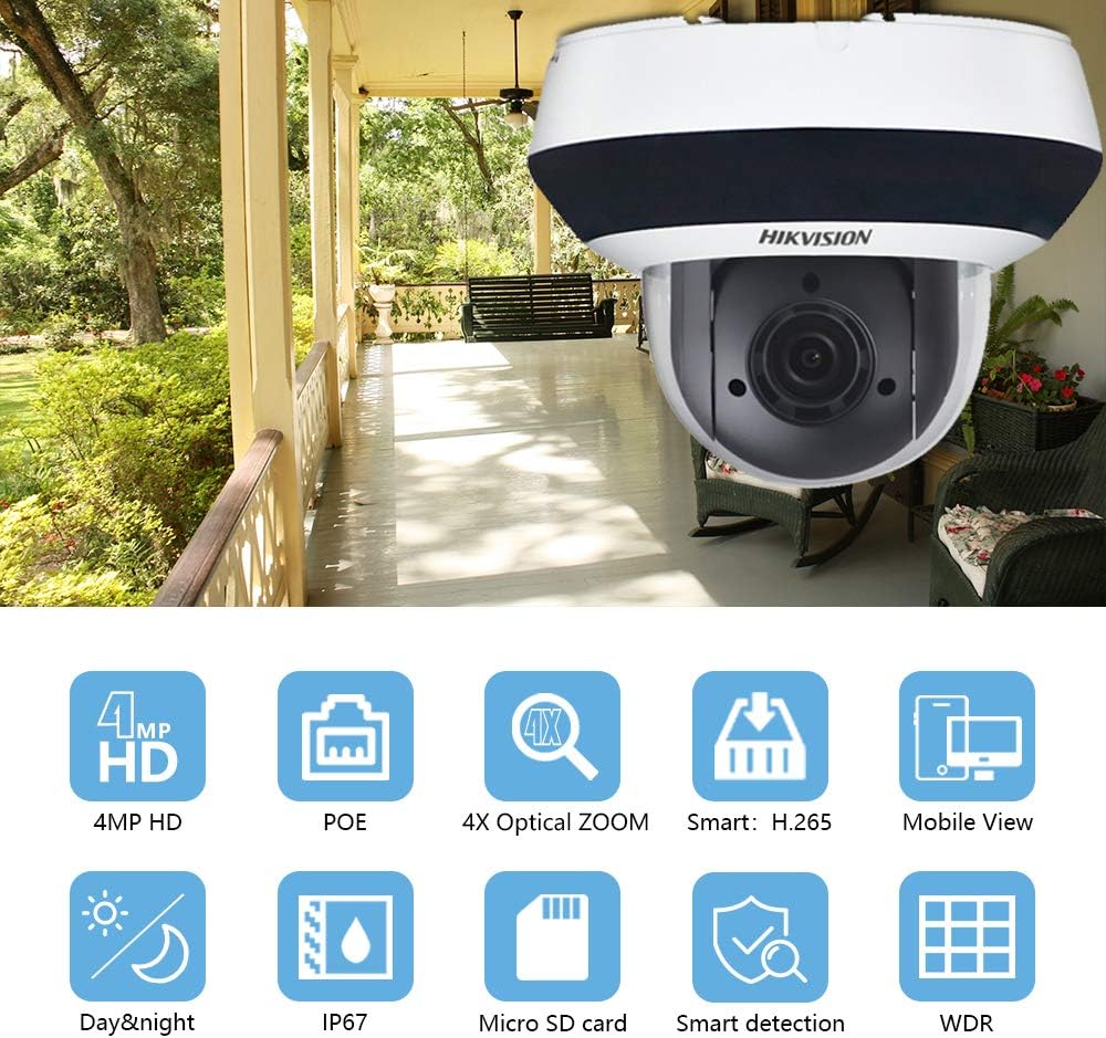 Hikvision 4MP POE Mini PTZ IP Camera DS-2DE2A404IW-DE3,Pan/Tilt/2.8mm~12mm 4X Optical Zoom，Smart IR Night Vision，Audio/Alram Interface， H.265+, Upgrade Version for DS-2DE3304W-DE