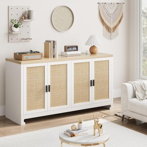IDEALHOUSE Buffet Cabinet, Rattan Storage Cabinet with 4 Doors and Shelf, Sideboard Buffet Cabinet with Storage, Accent Cabinet Console for Dining Room, Living Room, Hallway (White)