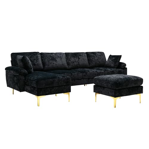 Modern Sectional Sofa, U-shaped Sofa Couch Furniture Sets with 2 Pillows, 4 Seat Sofa with Ottoman for Living Room, Hotel, Purple-A