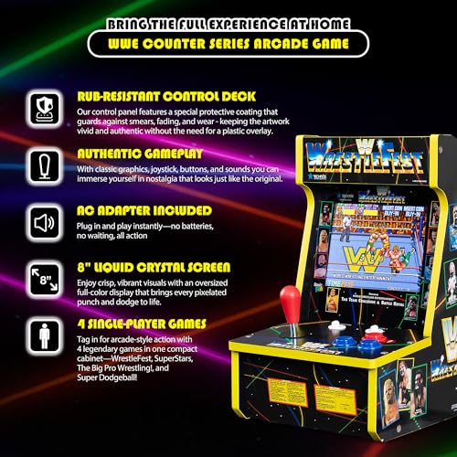 Arcade Classics - WWE Counter Series Game Machine, 4 Games, 8" Liquid Crystal Screen - Mini Cabinet, Portable Gaming, Retro, Countertop Console, Basement Decoration, Man Cave