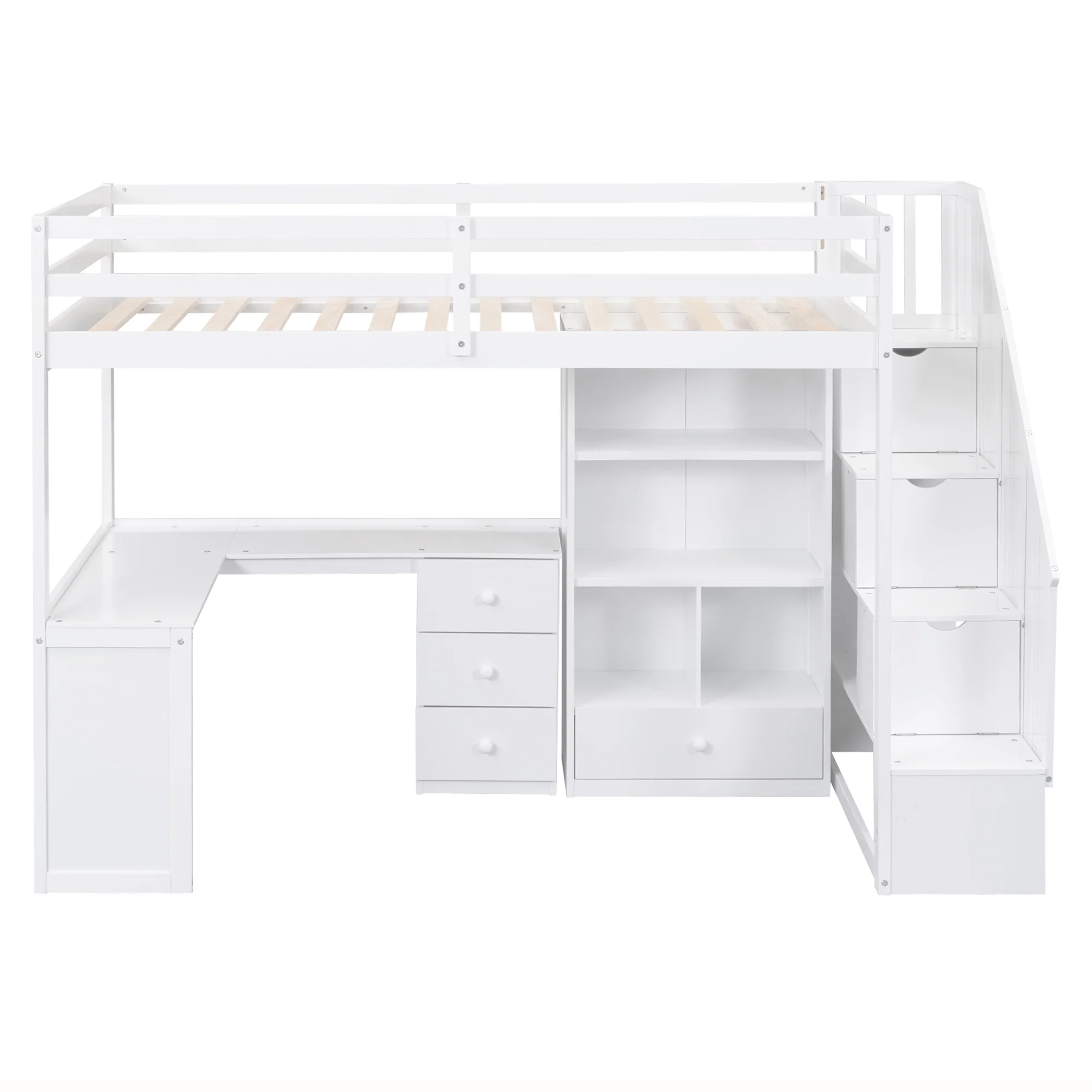 Twin Wood Loft Bed with L-Shaped Desk and Drawers, Cabinet and Storage Staircase, Loft Twin Bed with Desk for Teenagers, Multiple Functions Bed, Easy to Assemble (White)