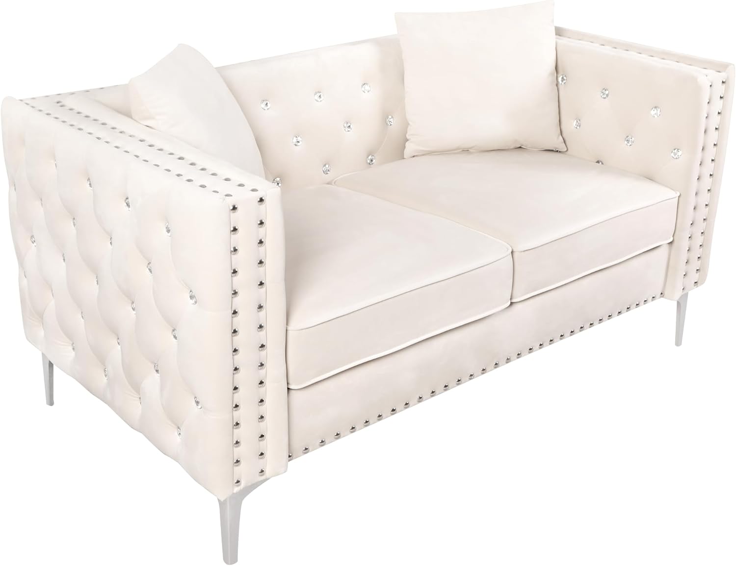 2 Piece Modern Velvet Living Room Set with Sofa and Loveseat,Jeweled Button Tufted Copper Nails Square Arms,4 Pillows Included,Beige,4 colors
