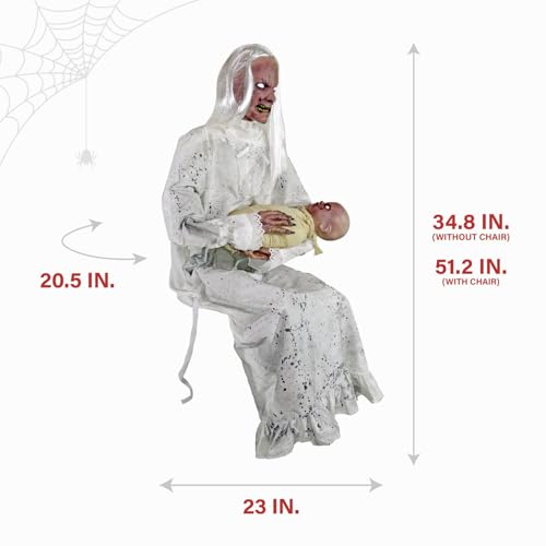 Haunted Hill Farm Life-Size 2.9-Ft Animatronic Gravely Granny by Tekky Halloween Decoration with Motion-Activated Sounds
