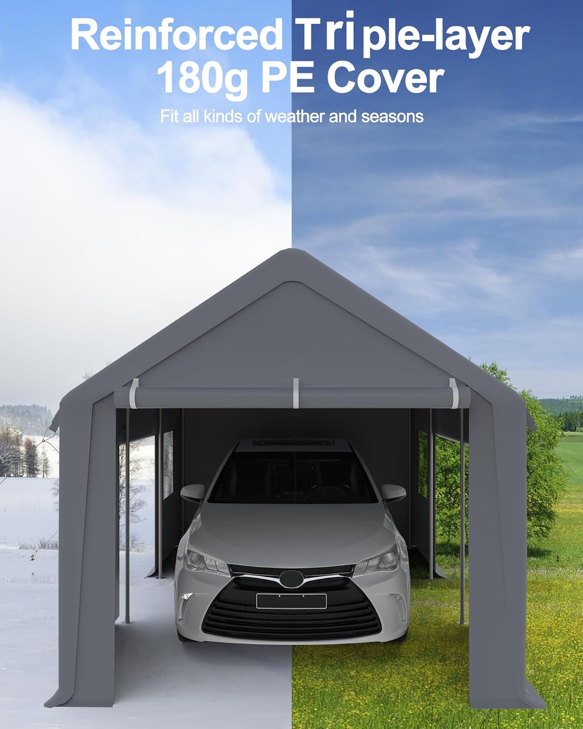 Carport 10'x20' Portable Garage, Reinforced Steel Poles, Heavy Duty Carport Canopy, 4 Roll-up Doors & 4 Mesh Windows, for Pickup, Boat, and Equipment, Gray