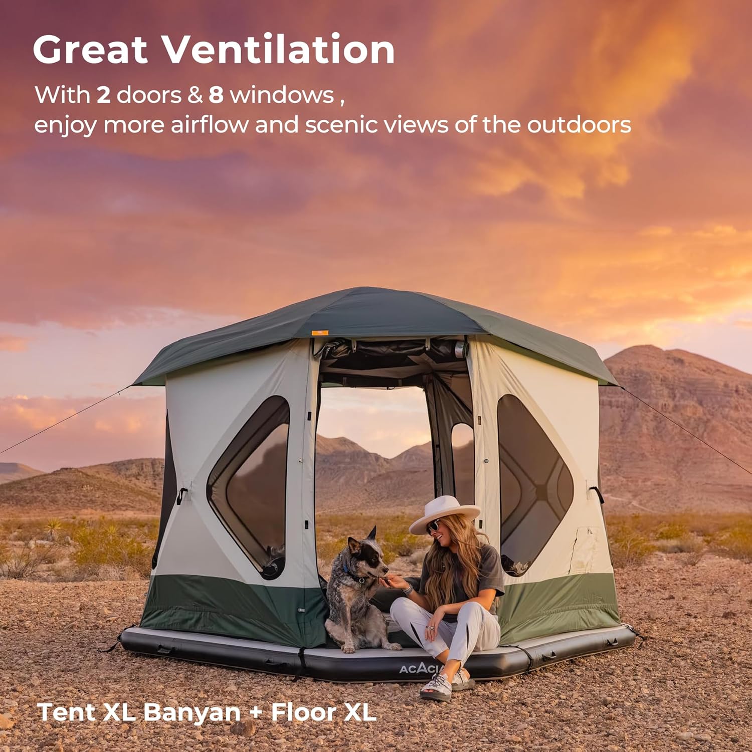 ACACIA Space Camping Tent XL, 4-6 Person Large Family Tent with 6'10'' Height, 2 Doors, 8 Windows, Waterproof Pop Up Easy Setup Hub Tent with Rainfly, Footprint for Car Camping, Glamping, Celestite