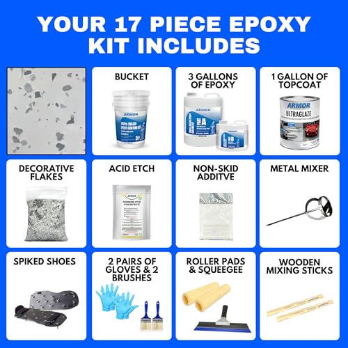 Garage Epoxy Floor Kit – 100% Solids - 2 Part Industrial-Grade Coating w/UltraGlaze Topcoat | DIY Slip & Hot Tire Resistant | 300 Sq Ft - Blue - 17 pc kit