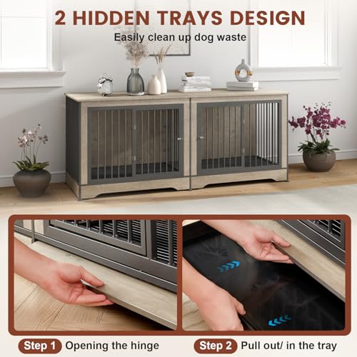 86 Inch Double Dog Crate Furniture with Divider, 4 Combination Forms Large Dog Kennel Furniture for 2 Dogs, Rustic Brown Corner Dog Kennel for Small Medium Large Dogs