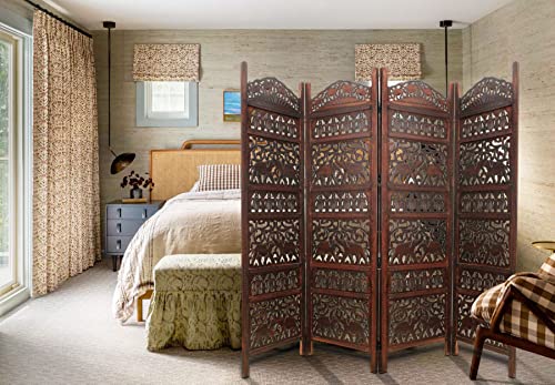 Room Divider Wood Screen - Ghanti Bells Antique Brown - 4 Panel Folding 72 x 80 - Assembled Hand Carved Decorative Functional Versatile Portable Partition Reversible Privacy Boho - COTTON CRAFT