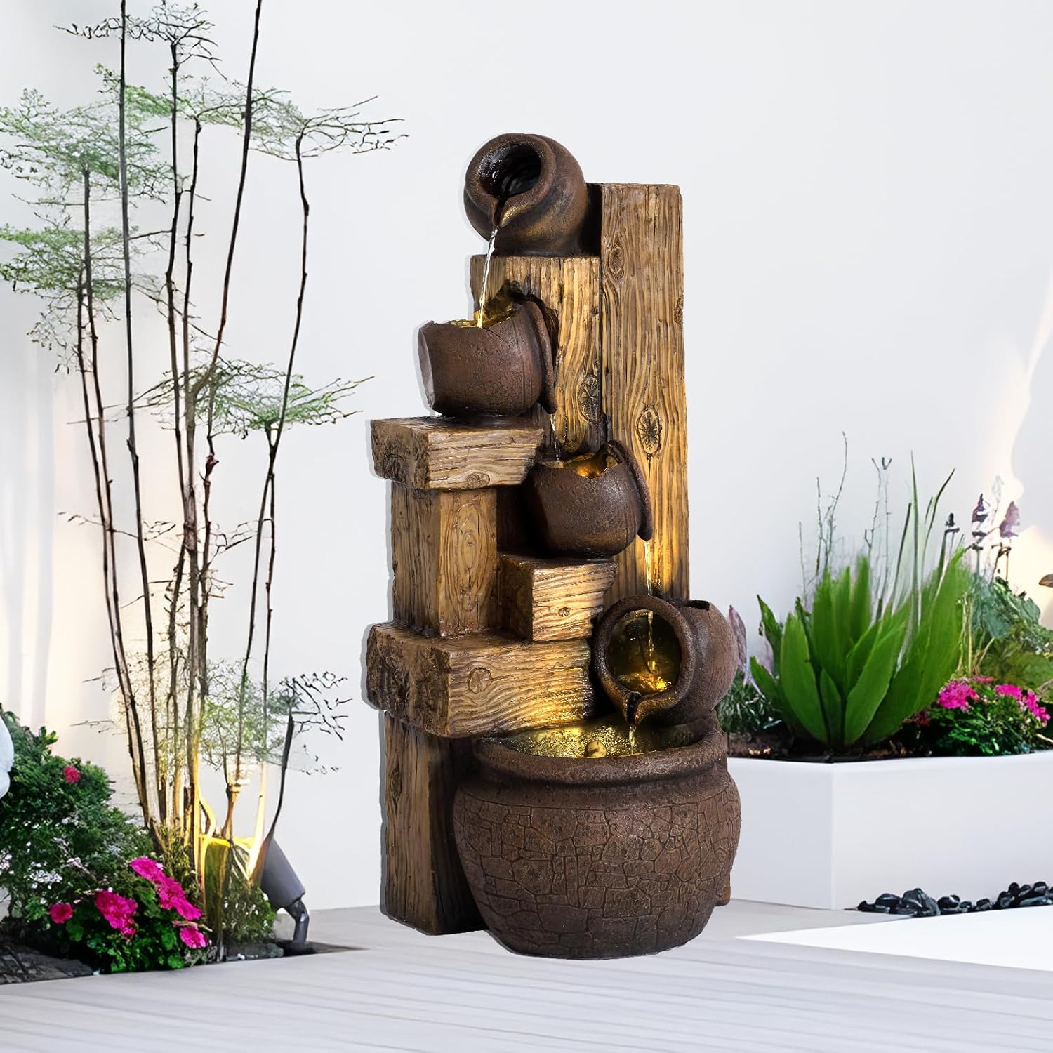39.3" H Garden Water Fountain 5 Tier Outdoor Waterfalls Fountain with LED Lights and Pump Indoor/Outdoor Modern Floor Standing Water Fountain for Garden, Patio, House Decor (Brown)
