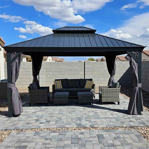 PURPLE LEAF 10' X 14' Permanent Hardtop Gazebo Aluminum Gazebo with Galvanized Steel Double Roof for Patio Lawn and Garden, Curtains and Netting Included, Grey