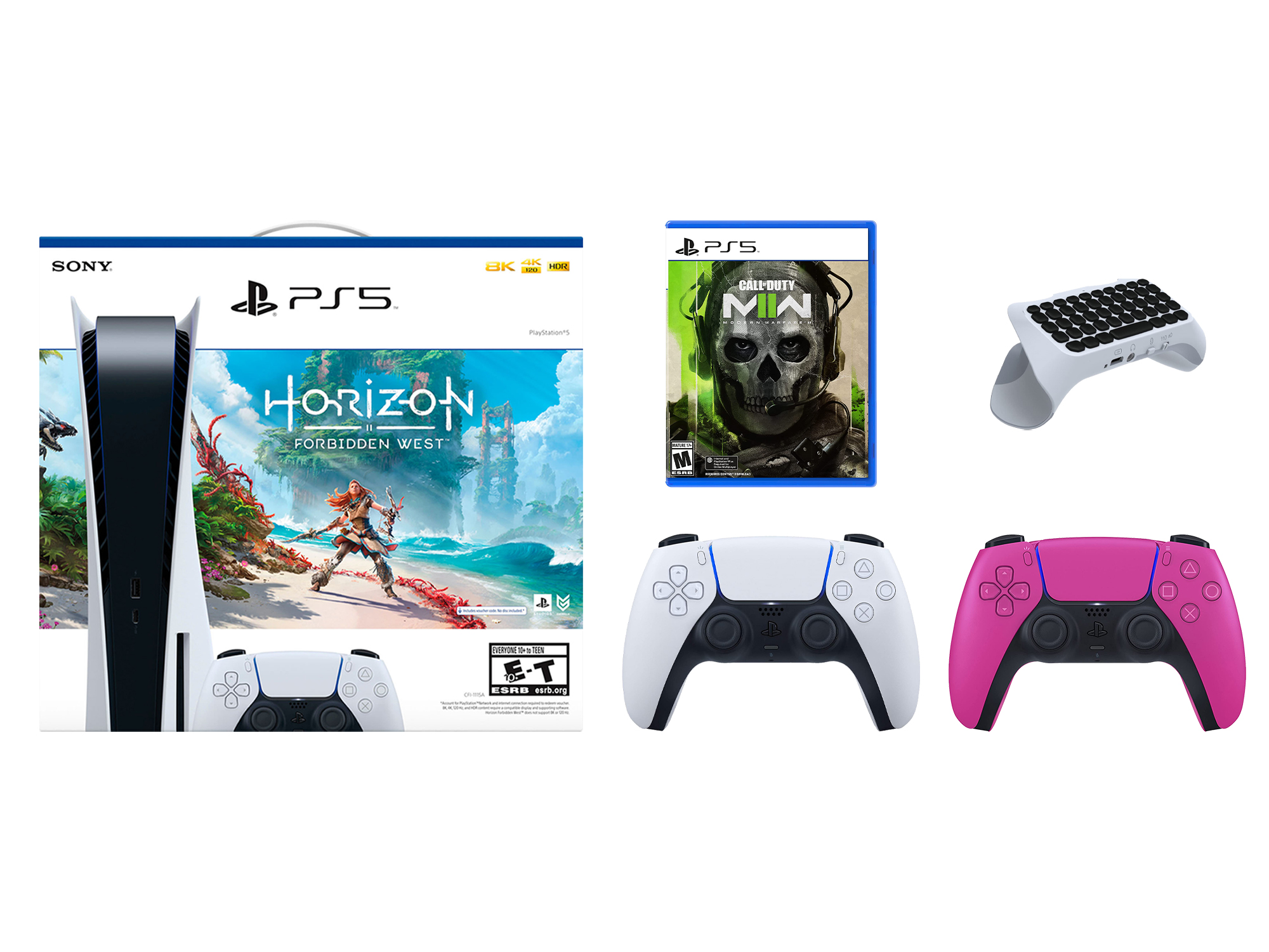 Sony Playstation 5 Disc Horizon Forbidden West Bundle with Extra Nova Pink Controller, Call of Duty: Modern Warfare II and Surge QuickType Wireless Keypad