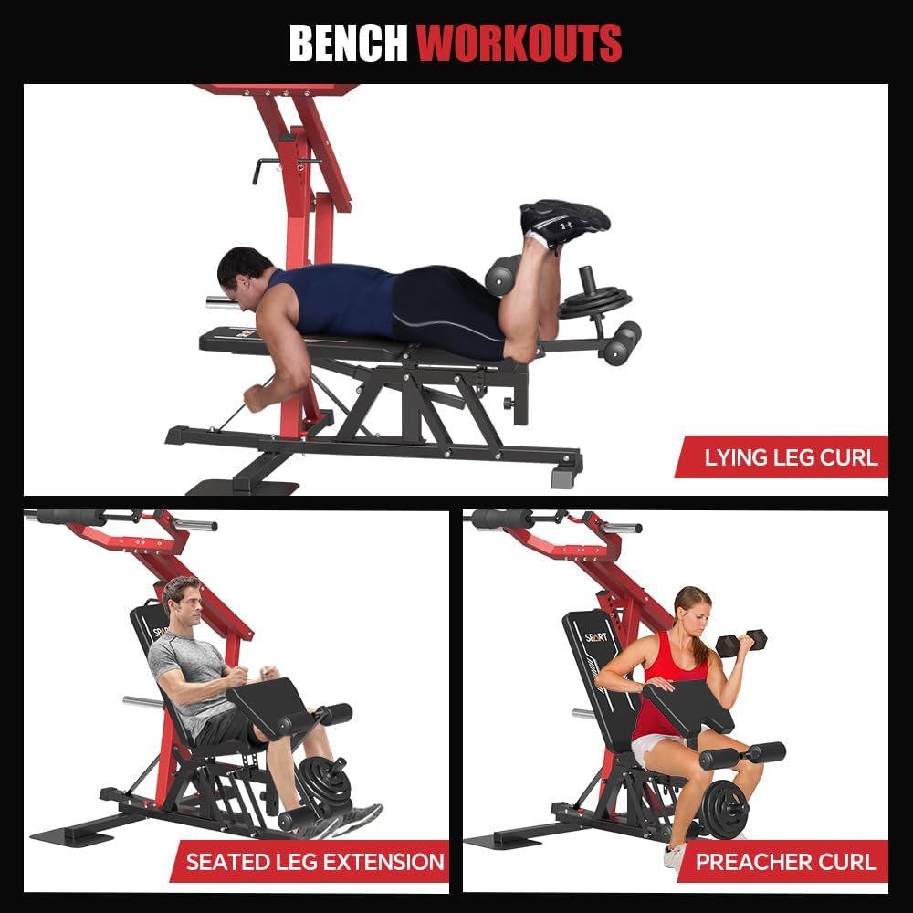 SPART Leverage Machine, Multifunctional Strength Training Station, Plate Loaded Lever Gym with Multi Bench Press for Chest, Shoulder, Back, Core, Leg, Full Body Workout Machine for Home Gym, Red