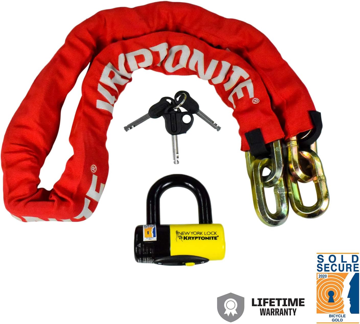 Kryptonite New York FAHGETTABOUDIT 1415 14mm 15 LBS Red Chain & New York Lock 15mm Disc Lock