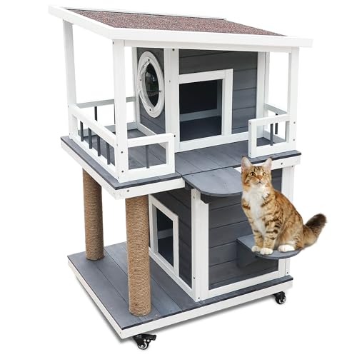 Rockever Outdoor Cat House, Large Outdoor Houses for Feral Cats Wooden Outside Cat Shelter Weatherproof with Escape Door