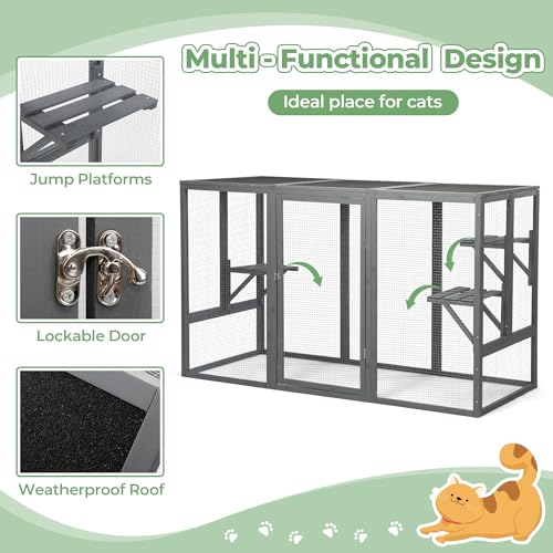 Outdoor Cat Enclosures, Weatherproof Catio for Cats, Large Cat Cage with 3 Platforms and Litter Box, Wooden Cat Crate for Outside, Cat House for Cat Patio, Grey