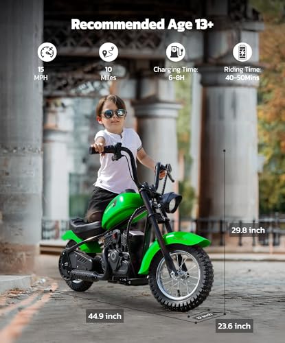 ELEMARA Electric Dirt Bike, 15 mph & 150lb Max, 24V Ride on Toy for Big Kids w/LED Lights & Power Display, Chain-Driven Motor, Twist-Grip Throttle, Shock Springs, Handbrake, 12" Air-Filled Tires-Black