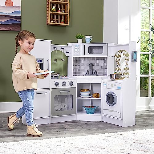 KidKraft Ultimate Corner Wooden Play Kitchen with Lights & Sounds, Play Phone and Curtains, Espresso, Gift for Ages 3+