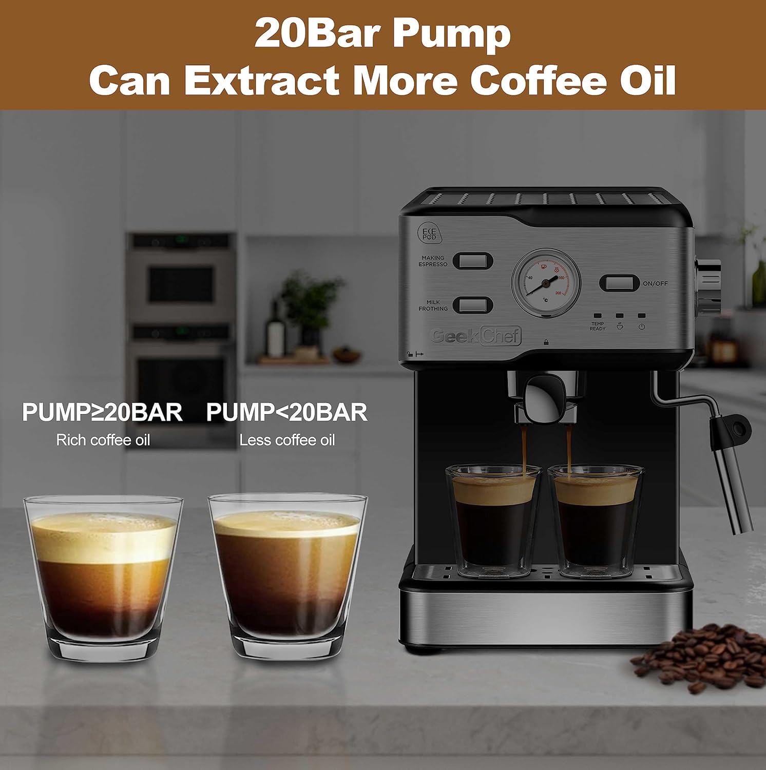Geek Chef Espresso Machine, Cappuccino latte Maker Coffee Machine with ESE POD filter&Milk Frother Steam Wand and 1.5L Water Tank, 15 Bar, Black