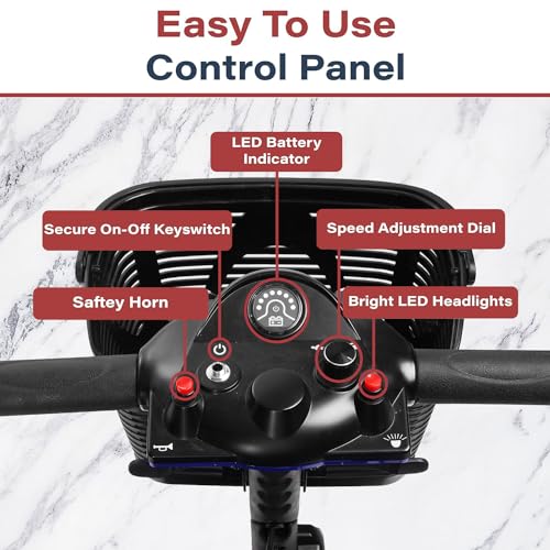 4 Wheel Battery Powered Electric Mobility Scooter - Electric Transportation Wheelchair - Compact Heavy Duty Mobility for Travel, Adults and Seniors includes Basket and Charger (Red)