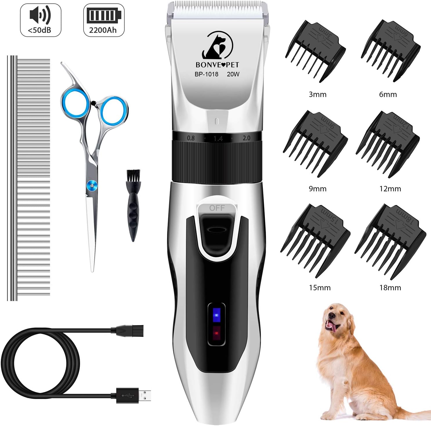 Bonve Pet Dog Clippers, Dog Grooming Kit Quiet Electric Pet Clippers Cordless Rechargeable Professional Dog Hair Clippers for Thick Coats Dogs Cats Pets Pack of 2