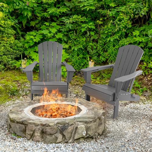 Folding Adirondack Chairs Set of 2, Plastic Adirondack Chairs Wood Texture, Fire Pit Chairs for Outside, Weather Resistant Composite Adirondack Chair with Cup Holder