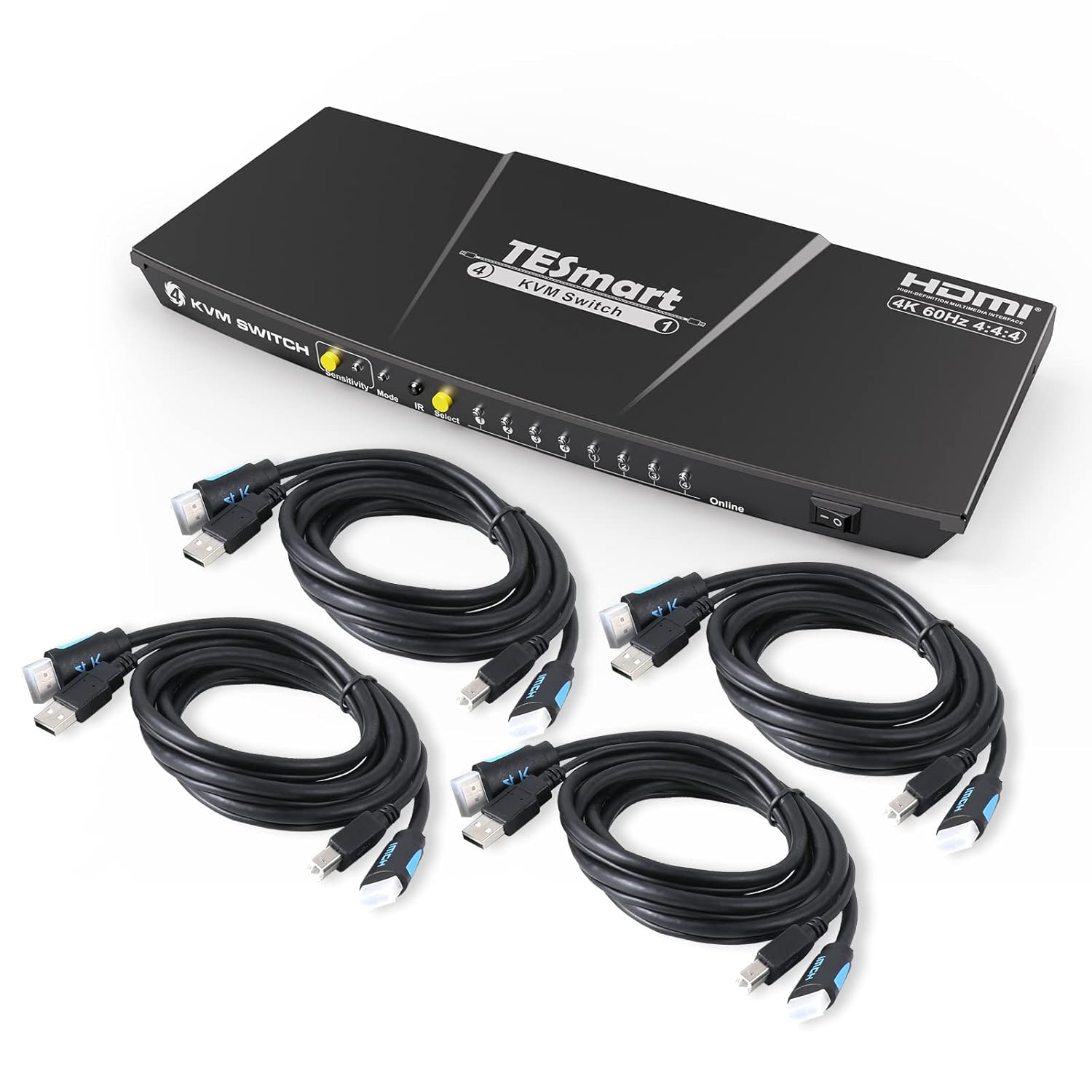 TESmart Newest HDMI KVM Switch 4 Port 4K@60Hz Ultra HD 4x1 with 2 Pcs 5ft KVM Cables Supports Keyboard & Mouse Pass Through USB 2.0 Device (Black)